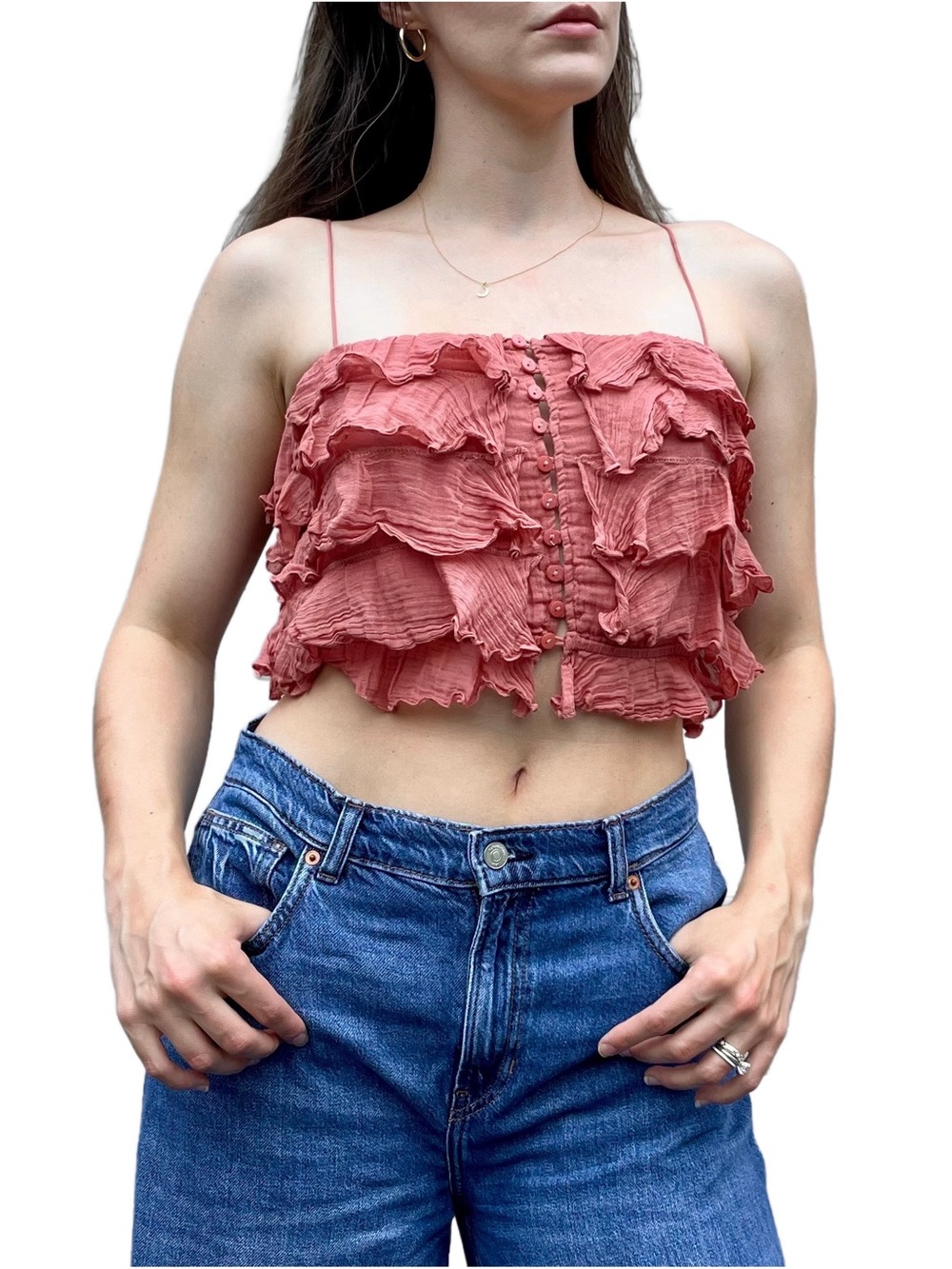 Free People Dusty Rise Pink Bohemian Ruffle Crop Top Small